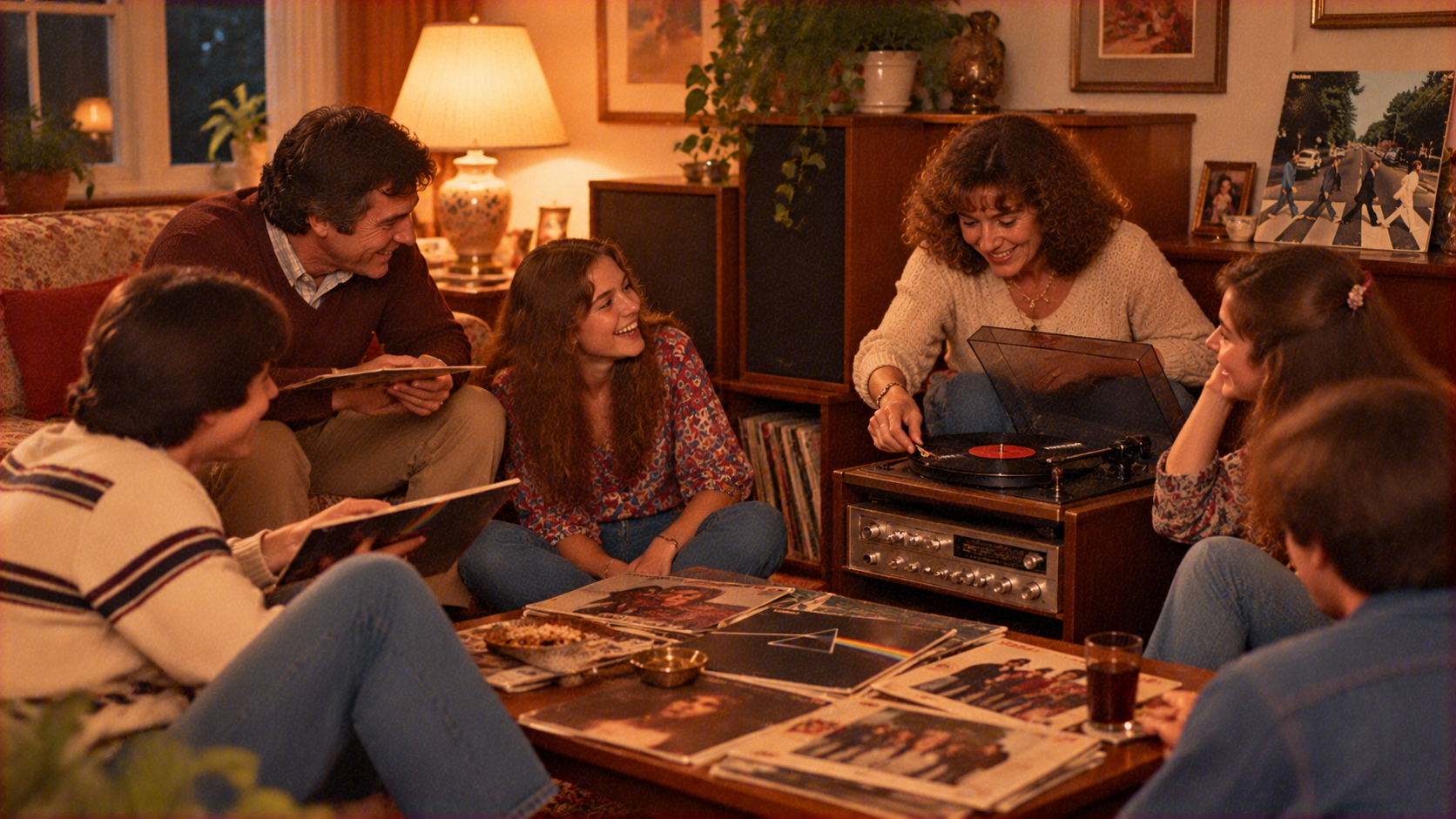 A family sits in a living room around a coffee table covered in vinyl records while a woman places a record on a turntable.