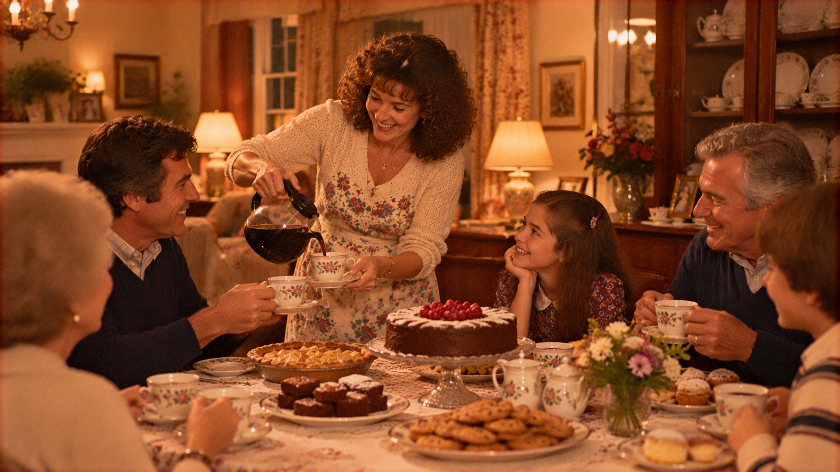 A woman pours coffee for a man at a dinner table filled with desserts and family members.