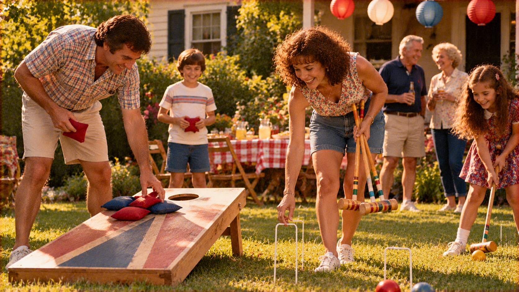 A family plays lawn games, including cornhole and croquet, in a backyard during a summer gathering.