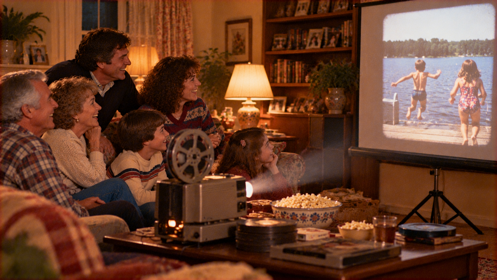 A multi-generational family sits together in a living room watching a vintage home movie of two children running toward a lake projected onto a screen.