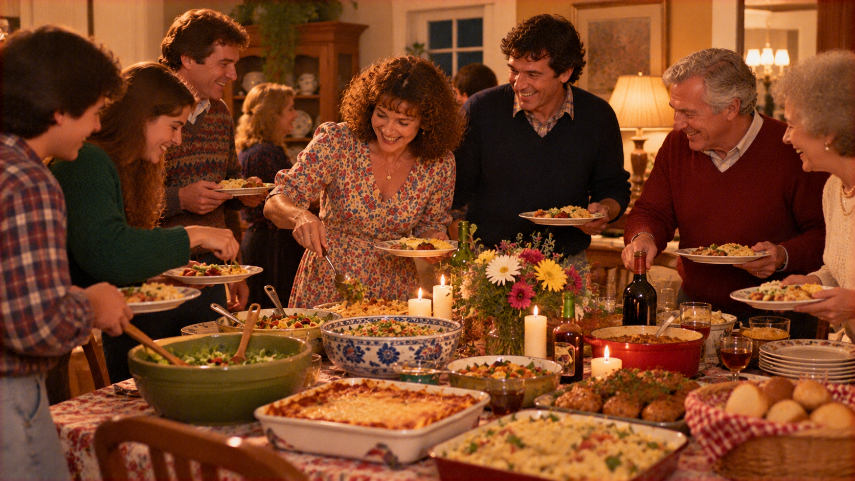 A multi-generational family stands around a table filled with various dishes, smiling and serving food during a dinner party.
