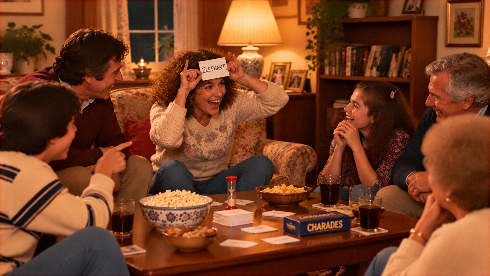 A family playing a game of Charades, with a woman holding a card that reads “ELEPHANT” against her forehead.