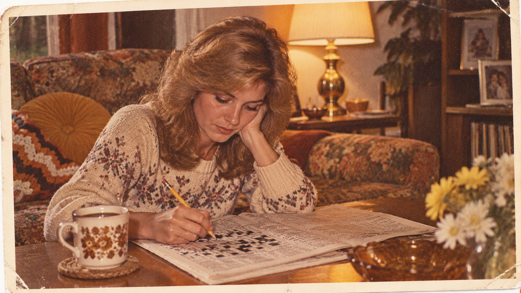 A woman with blonde hair sits on a floral couch, solving a newspaper crossword puzzle. A mug and flowers are on the table. The room is warmly lit by a lamp.