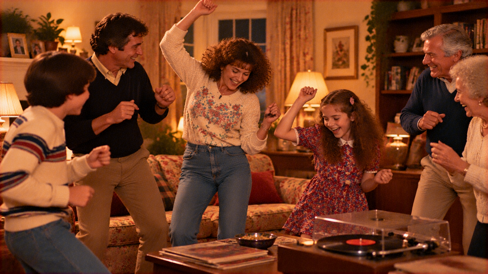 Three generations of a family dance together in a living room while a record plays on a turntable.