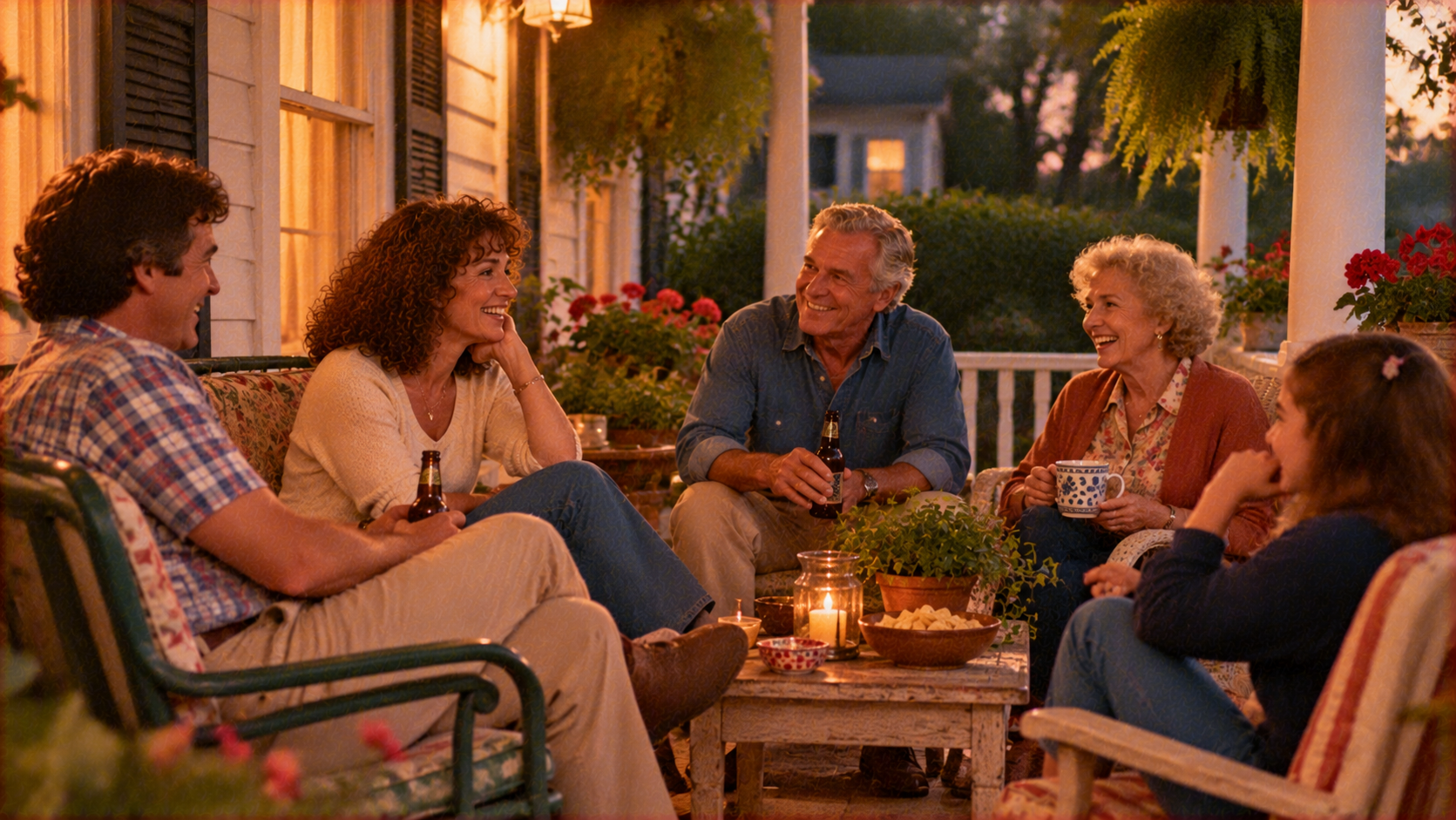 Two couples and a girl sitting and talking on a porch at dusk.