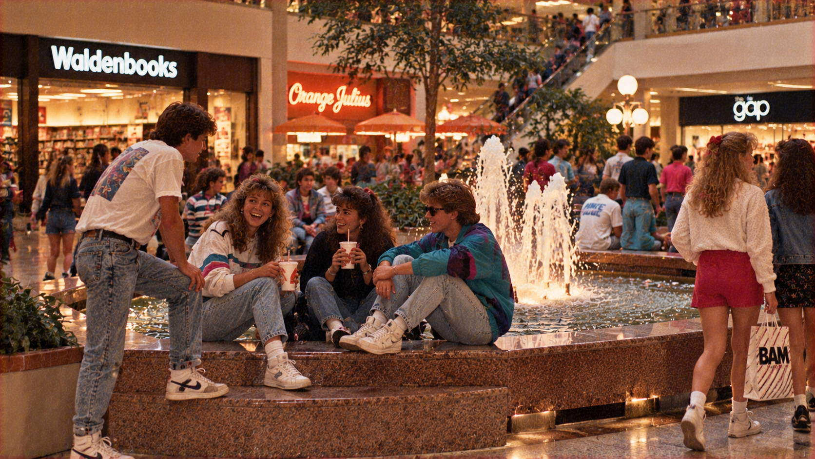 Four teenagers sit on the edge of an indoor shopping mall fountain, with Waldenbooks and Orange Julius visible in the background.