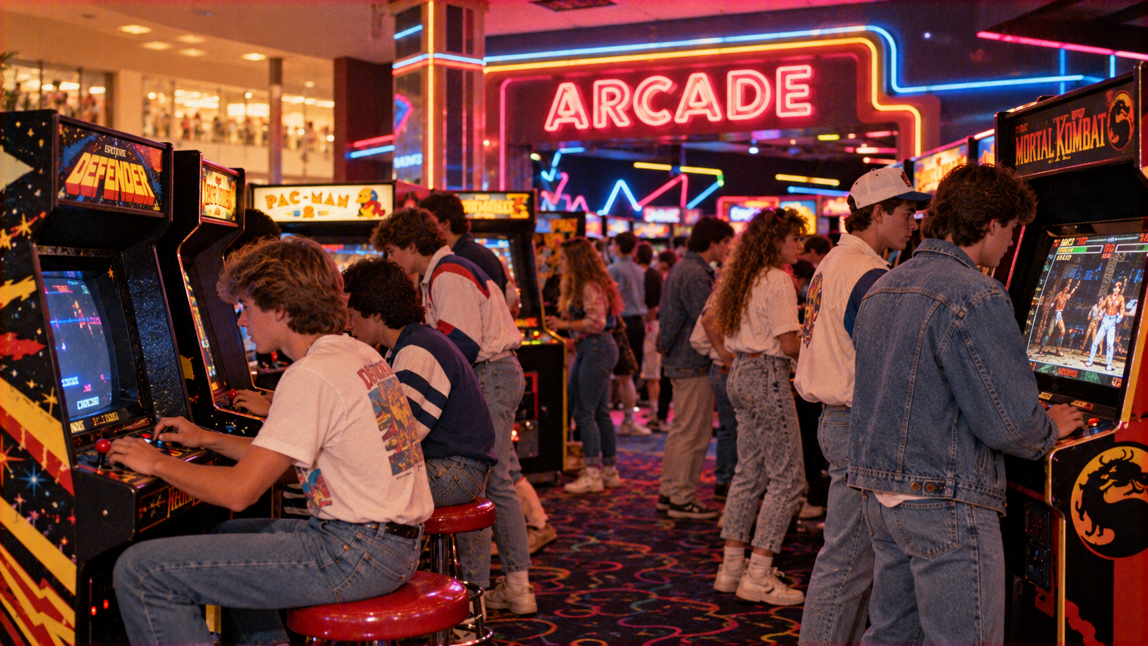 Young people playing vintage arcade games in a dimly lit neon-lit arcade.
