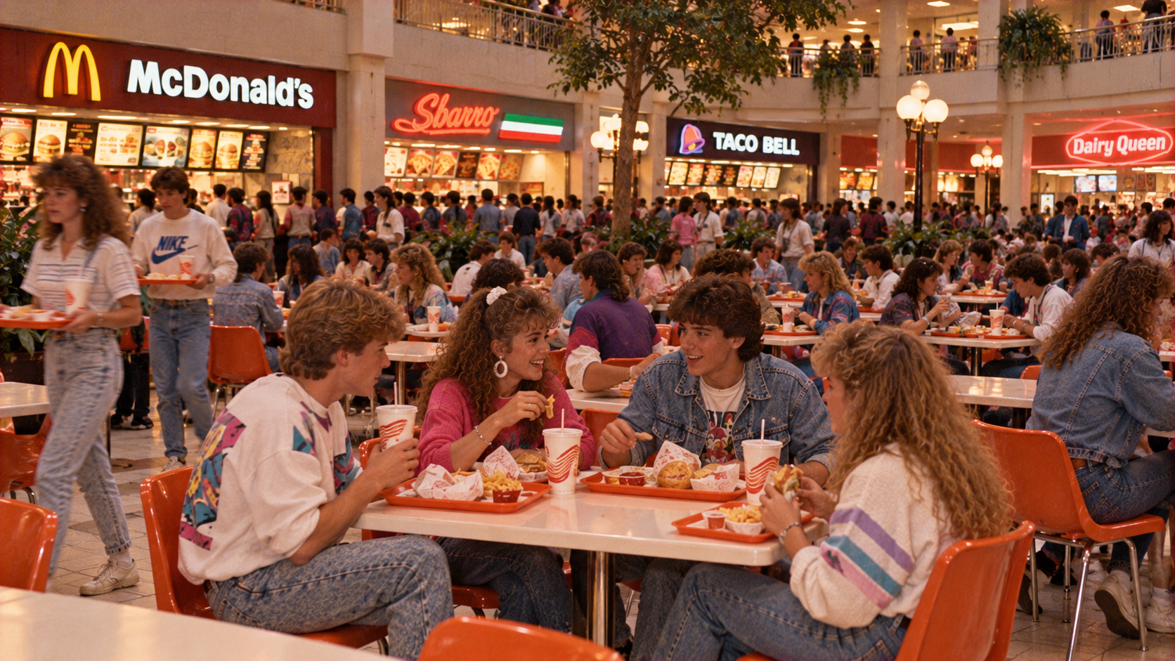 Four teenagers eating fast food at a table in a crowded 1980s-style shopping mall food court with McDonald’s, Sbarro, Taco Bell, and Dairy Queen visible in the background.