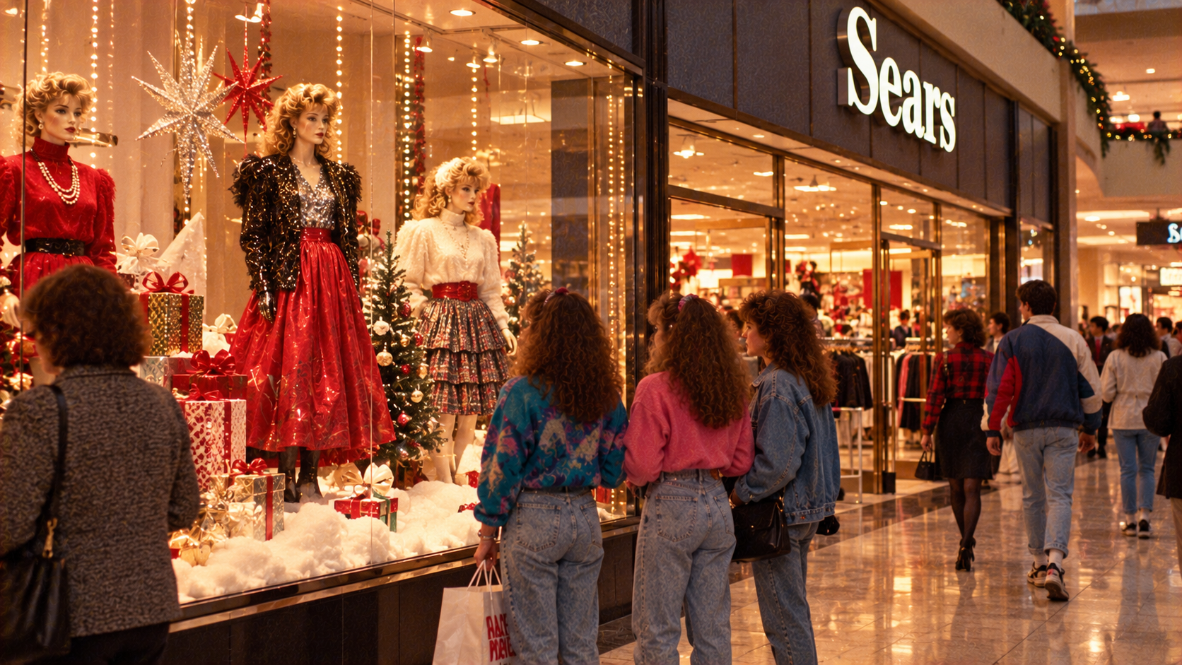 Three women in 1980s attire look into a Sears store window display featuring mannequins in holiday clothing and stacked gift boxes.