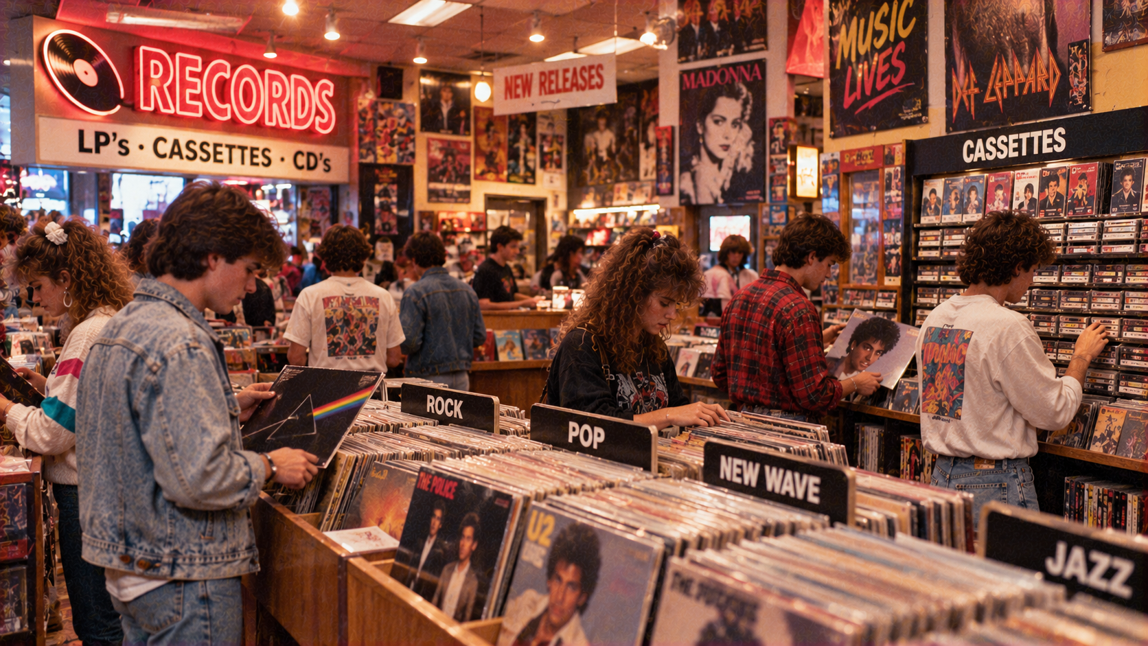 Customers browse through bins of vinyl records, cassettes, and CDs in a music store filled with posters and signage.
