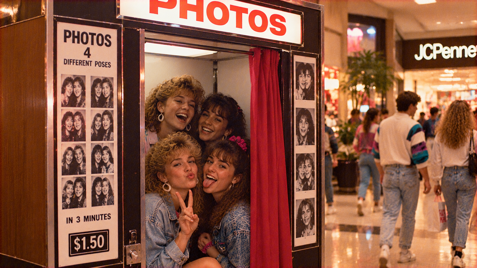 Four young women laughing inside a vintage mall photo booth with red curtains, beside a sign advertising four poses for $1.50.