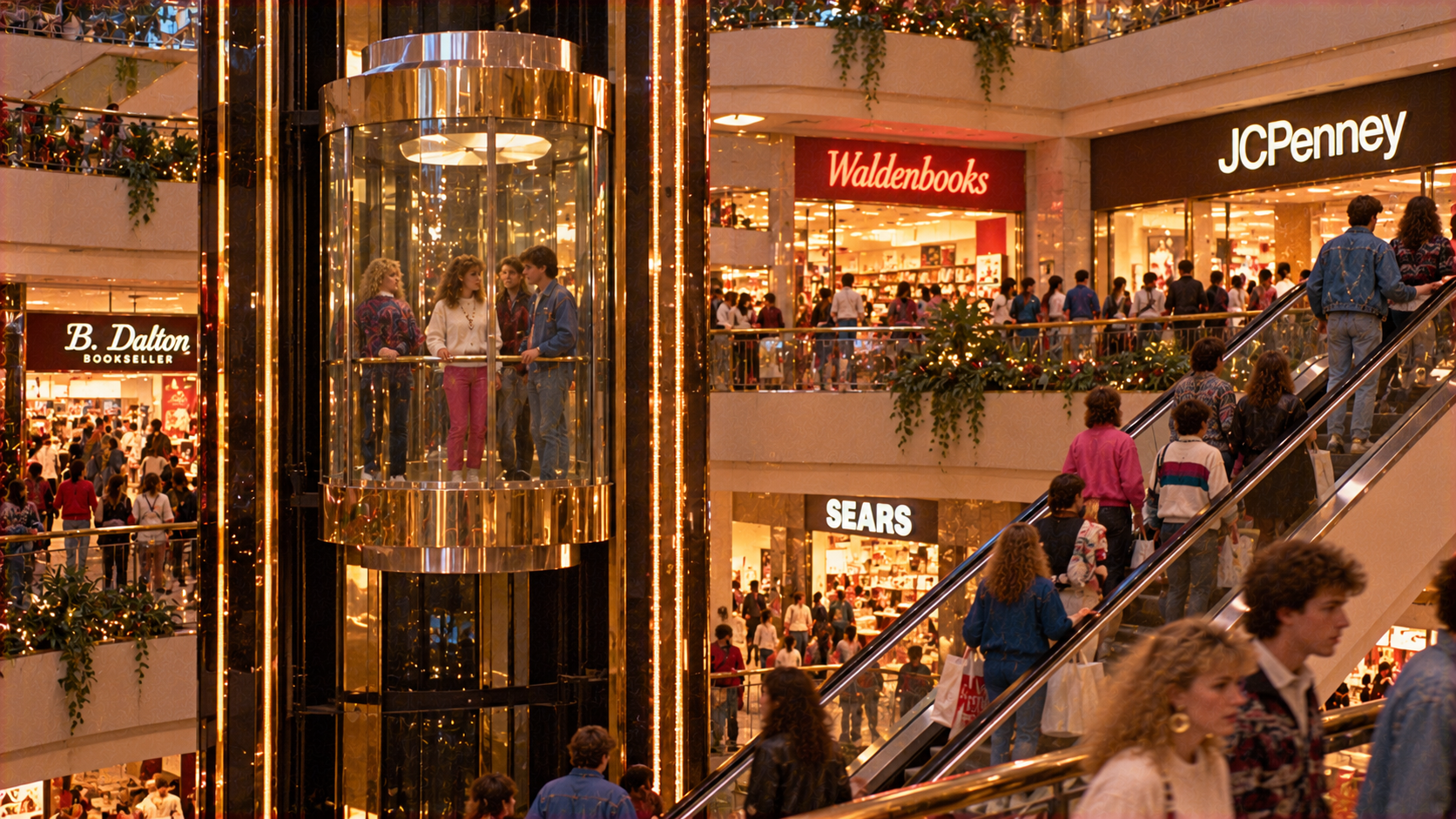 People ride a glass elevator and escalators inside a multi-level shopping mall with stores including Waldenbooks, B. Dalton, and JCPenney.