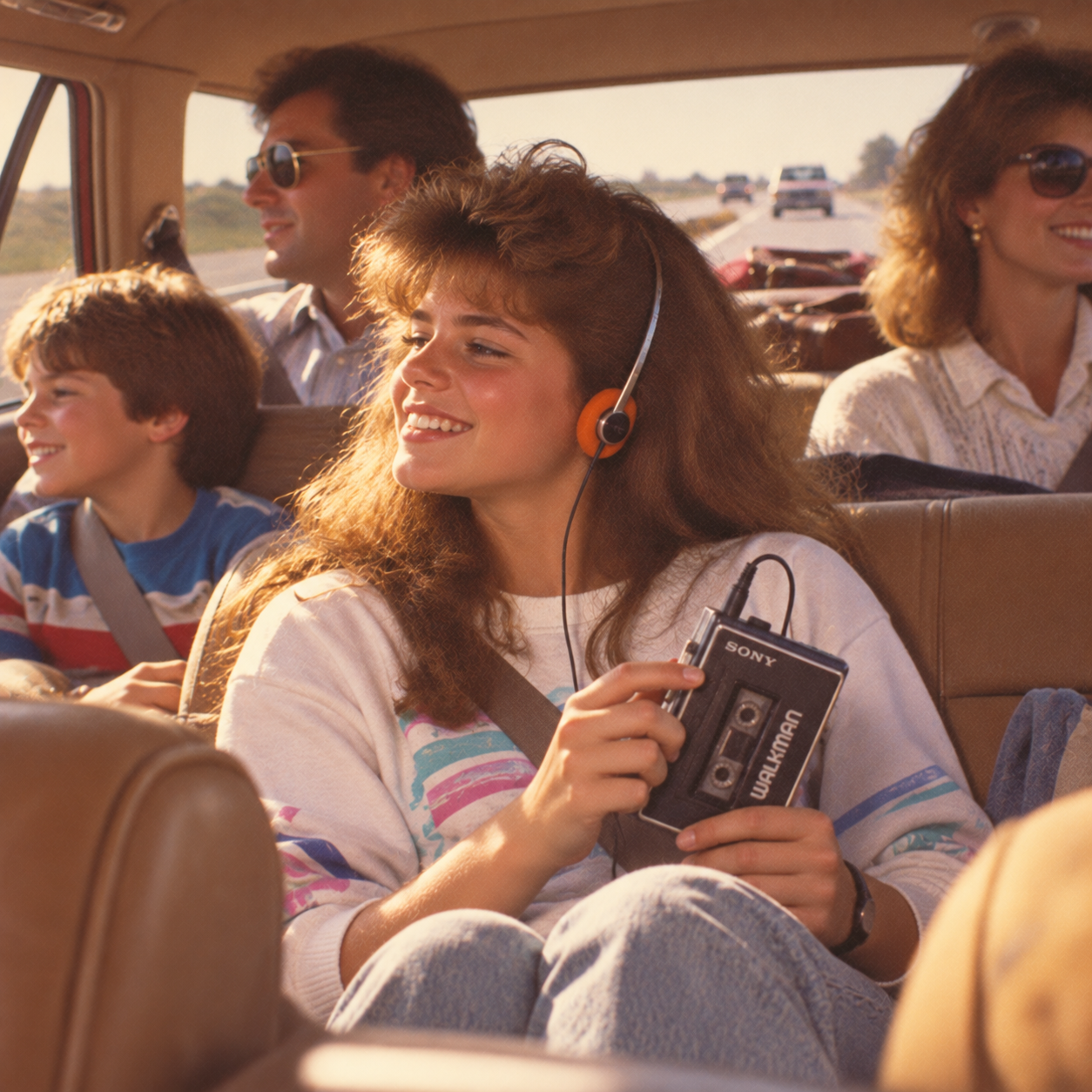 A teenage girl listens to a Sony Walkman with headphones in a car, smiling. A boy, man, and woman also ride in the car, all appearing happy during a road trip on a sunny day.