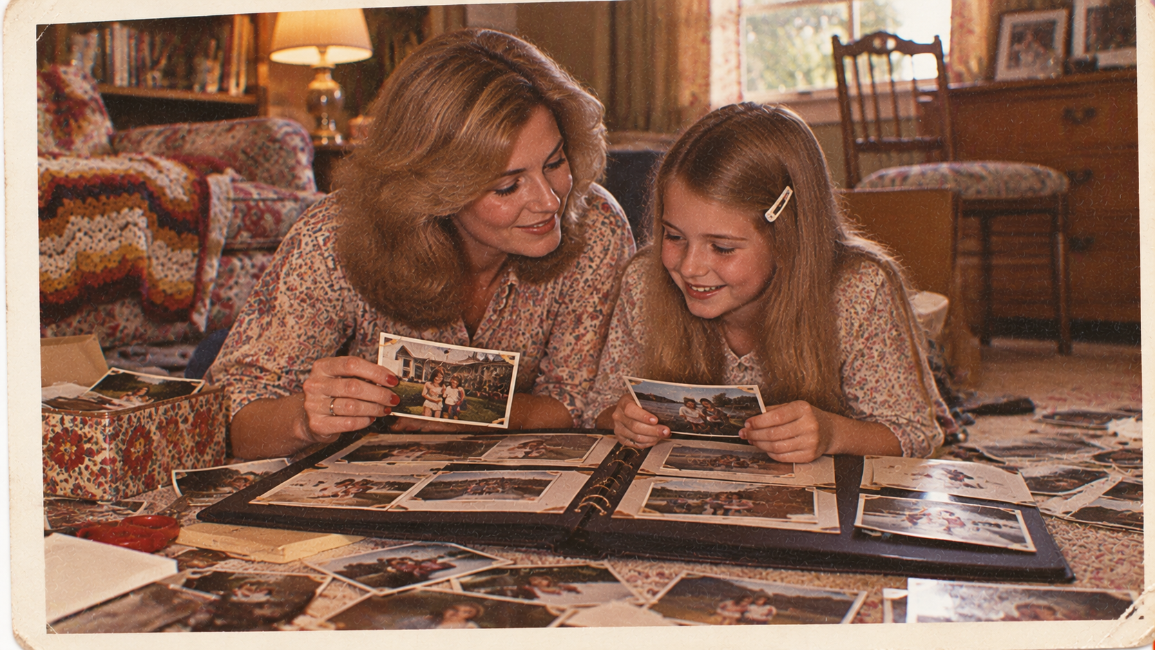 A woman and a young girl smile while looking at photos and a photo album together on a carpeted floor in a cozy, warmly lit living room.