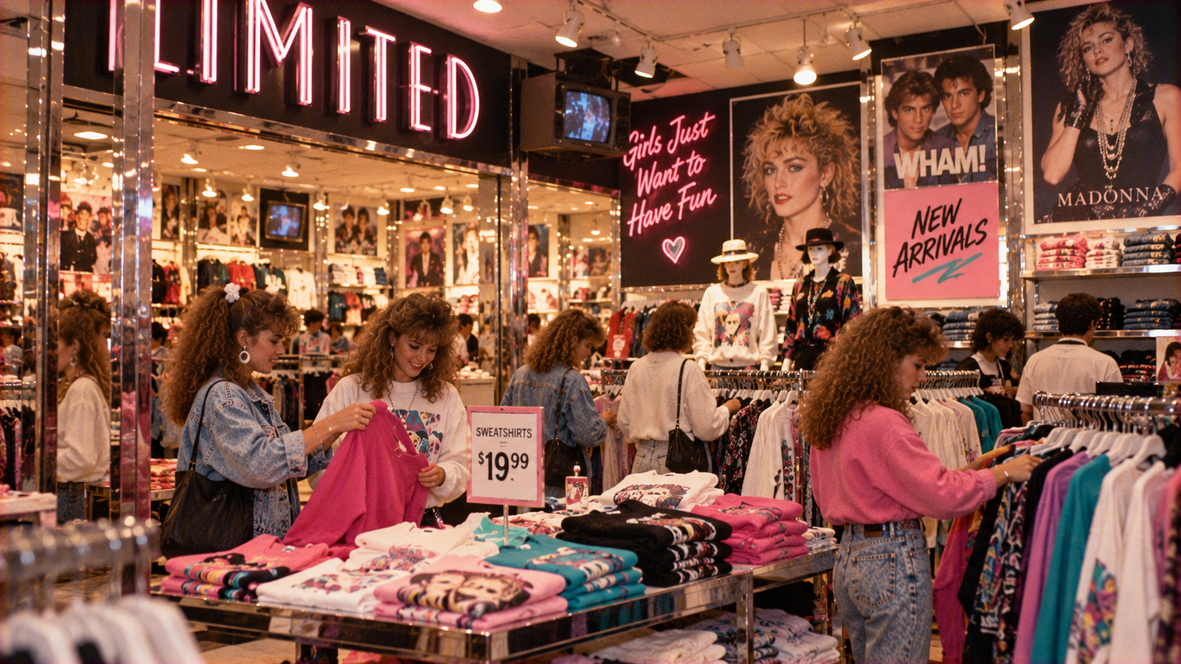 Customers browse merchandise inside a Limited clothing store decorated with posters of Madonna and Wham, featuring a neon sign that reads “Girls Just Want to Have Fun.”
