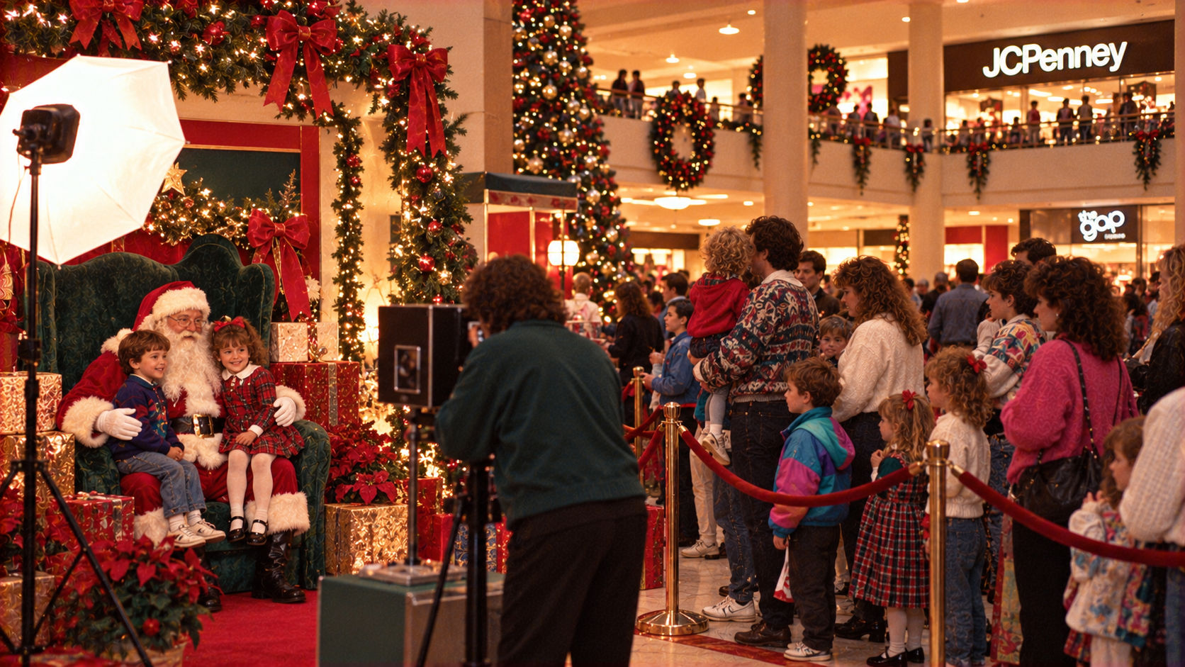 Santa Claus sits in a chair decorated with lights and ribbons, posing for a photo with a young boy and girl while a line of families waits nearby in a shopping mall.