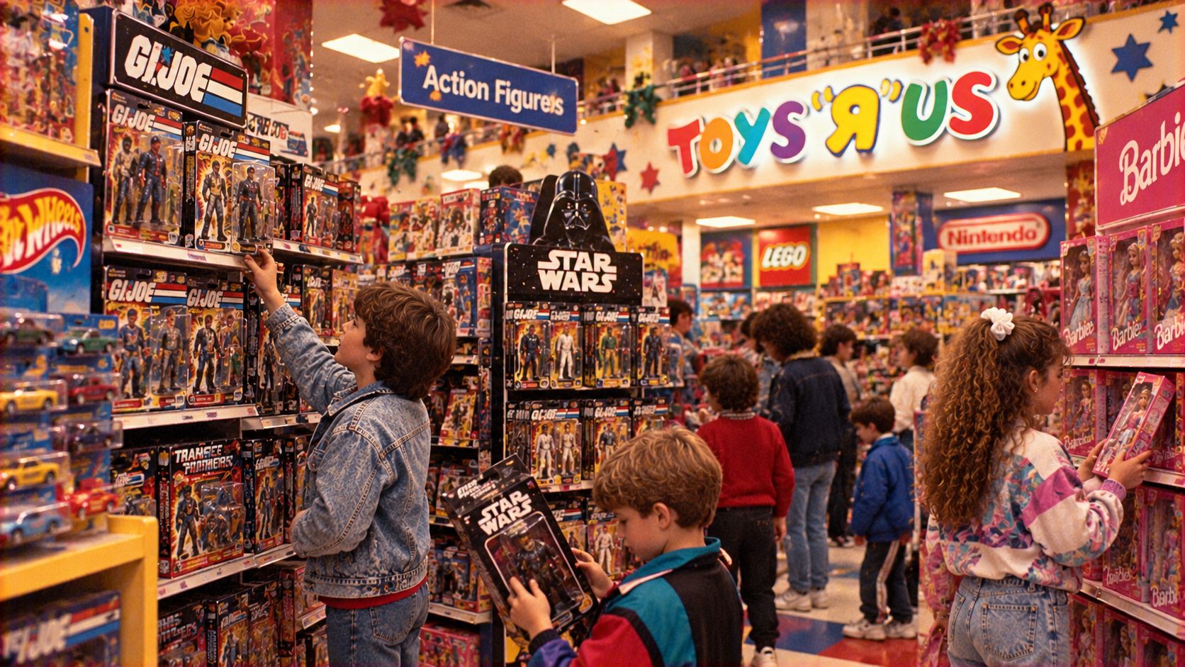 Children browse the action figure and toy aisles inside a Toys “R” Us store.