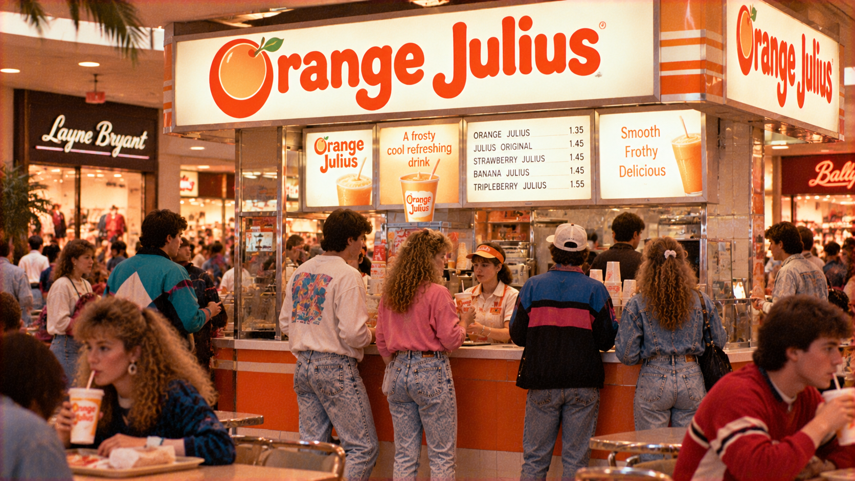 People ordering at an Orange Julius kiosk inside a shopping mall.