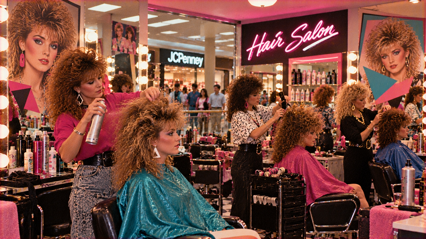 A busy 1980s-style hair salon with stylists working on clients’ permed hair, reflected in multiple mirrors, with a JCPenney store visible in the background.