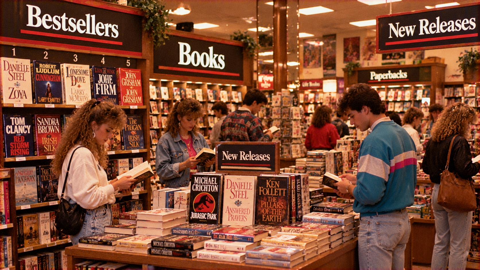 Shoppers browse books in a retail store with overhead signs labeling sections for Bestsellers, Books, and New Releases.