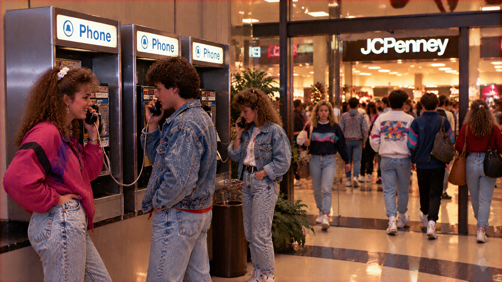Three people use wall-mounted payphones in a shopping mall near the entrance to a JCPenney store.