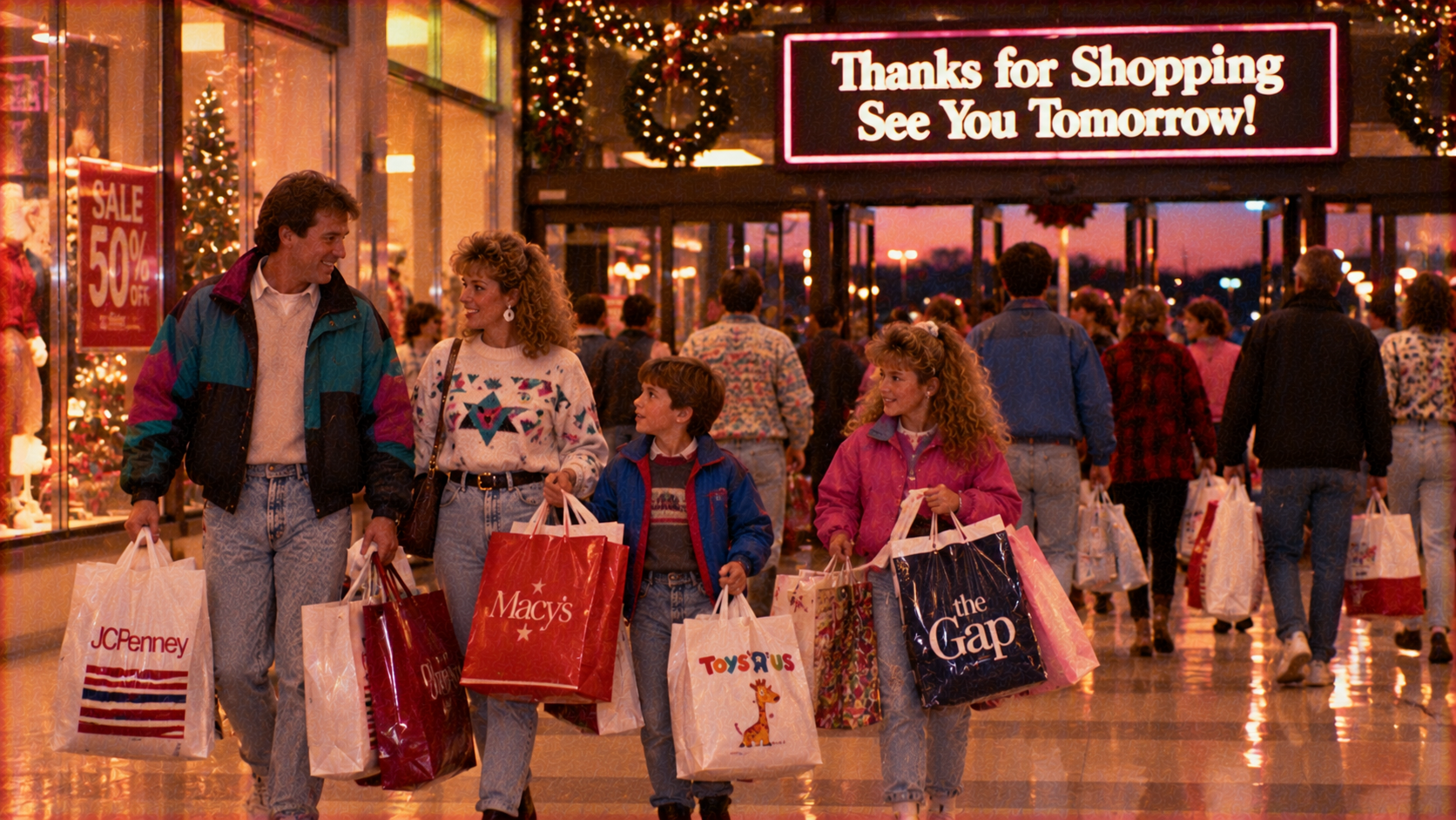 A family of four walks through a brightly lit shopping mall carrying multiple bags from Macy’s, Toys “R” Us, and The Gap, beneath a sign that reads “Thanks for Shopping See You Tomorrow!”