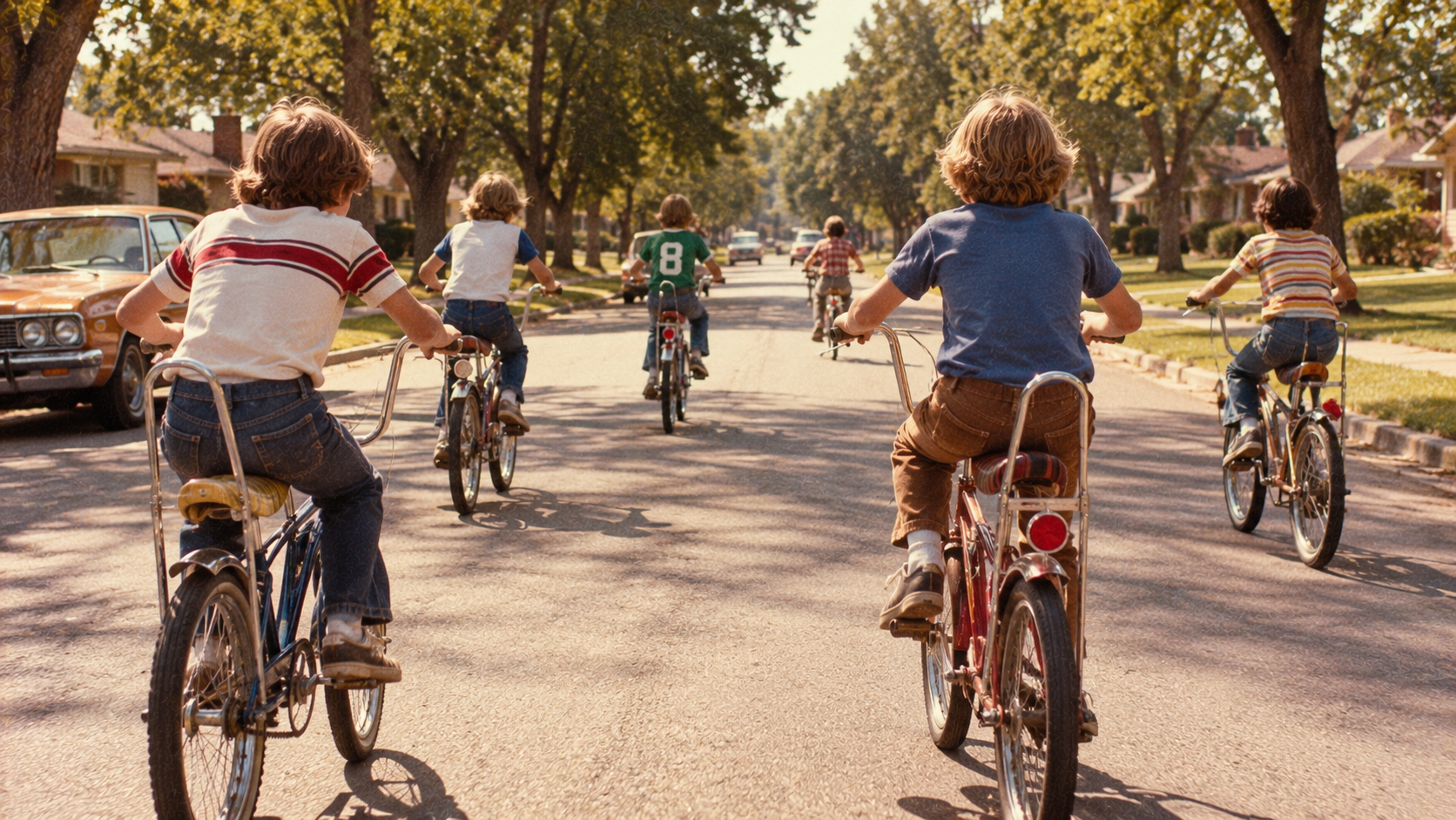 Five children ride bicycles away from the camera down a sunny suburban street.