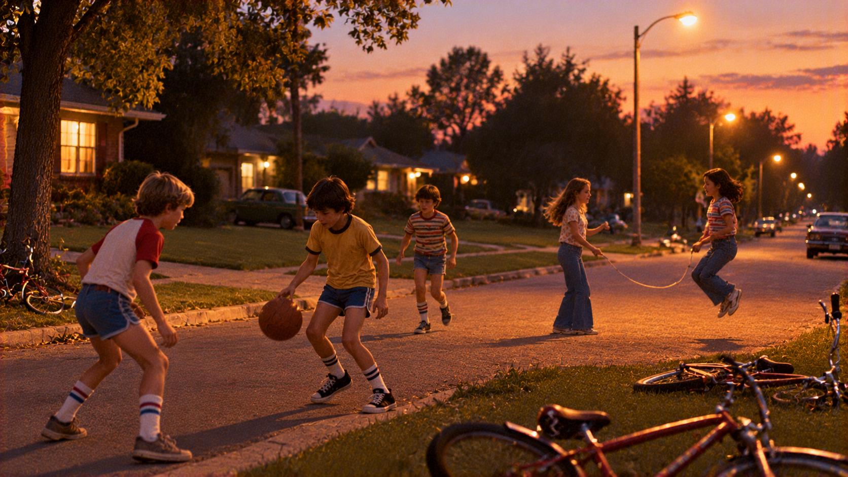 A group of children play basketball and jump rope on a suburban street at sunset, with bicycles lying on the ground nearby.