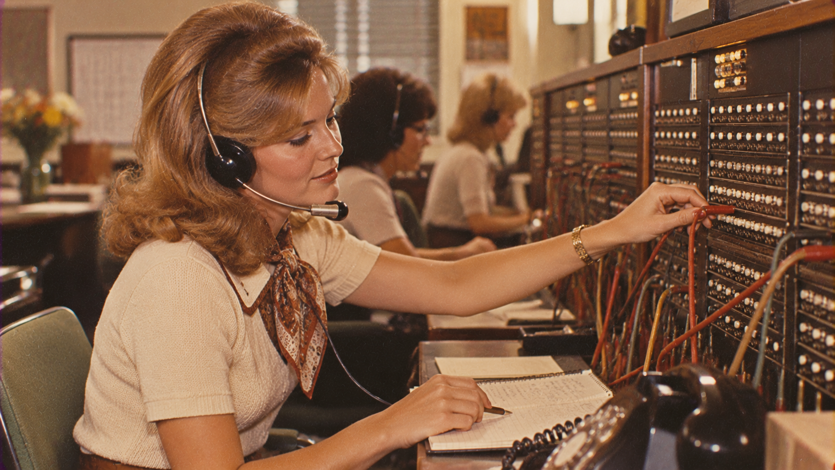 A woman wearing a headset connects phone calls at a vintage switchboard, with two other operators working in the background. She writes in a notebook while plugging in colorful cables.