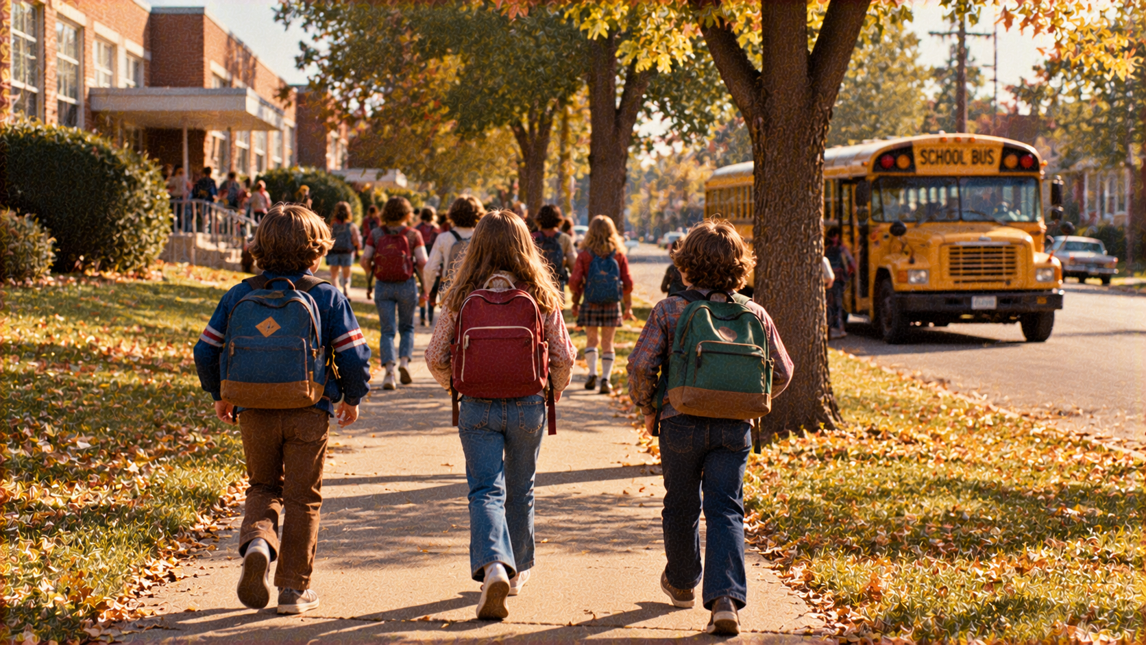 A group of children with backpacks walk down a tree-lined sidewalk toward a school bus on an autumn day.