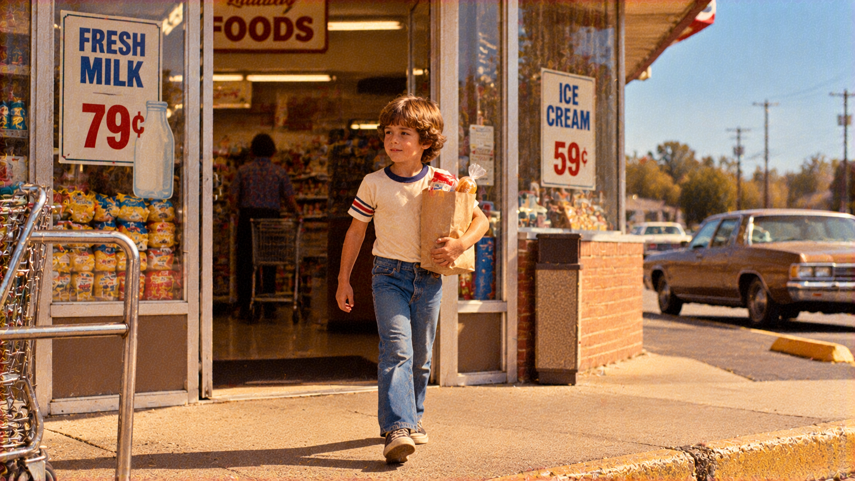 A young boy walks out of a convenience store carrying a brown paper bag of groceries.