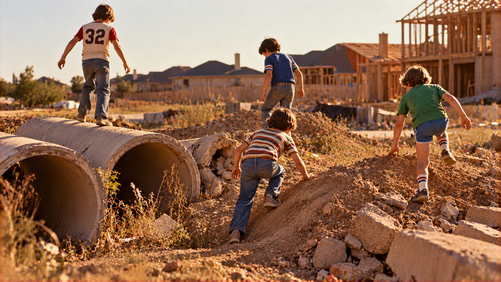 Four children play on large concrete pipes and piles of dirt at a residential construction site.
