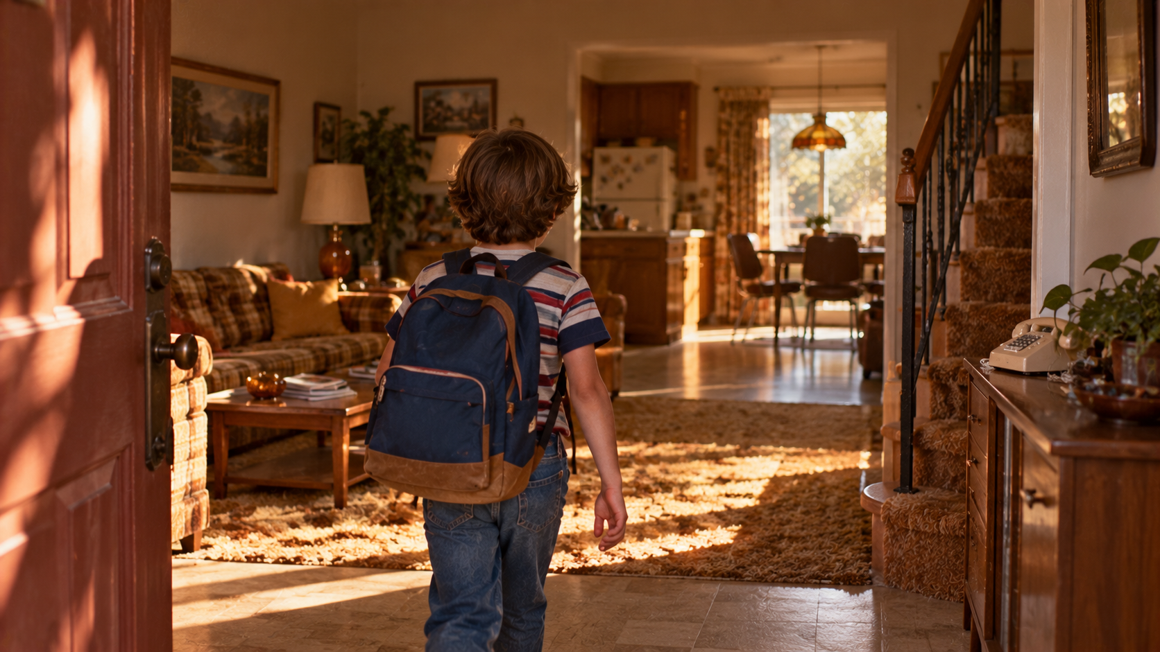 A young boy with a backpack walks into a sunlit house.