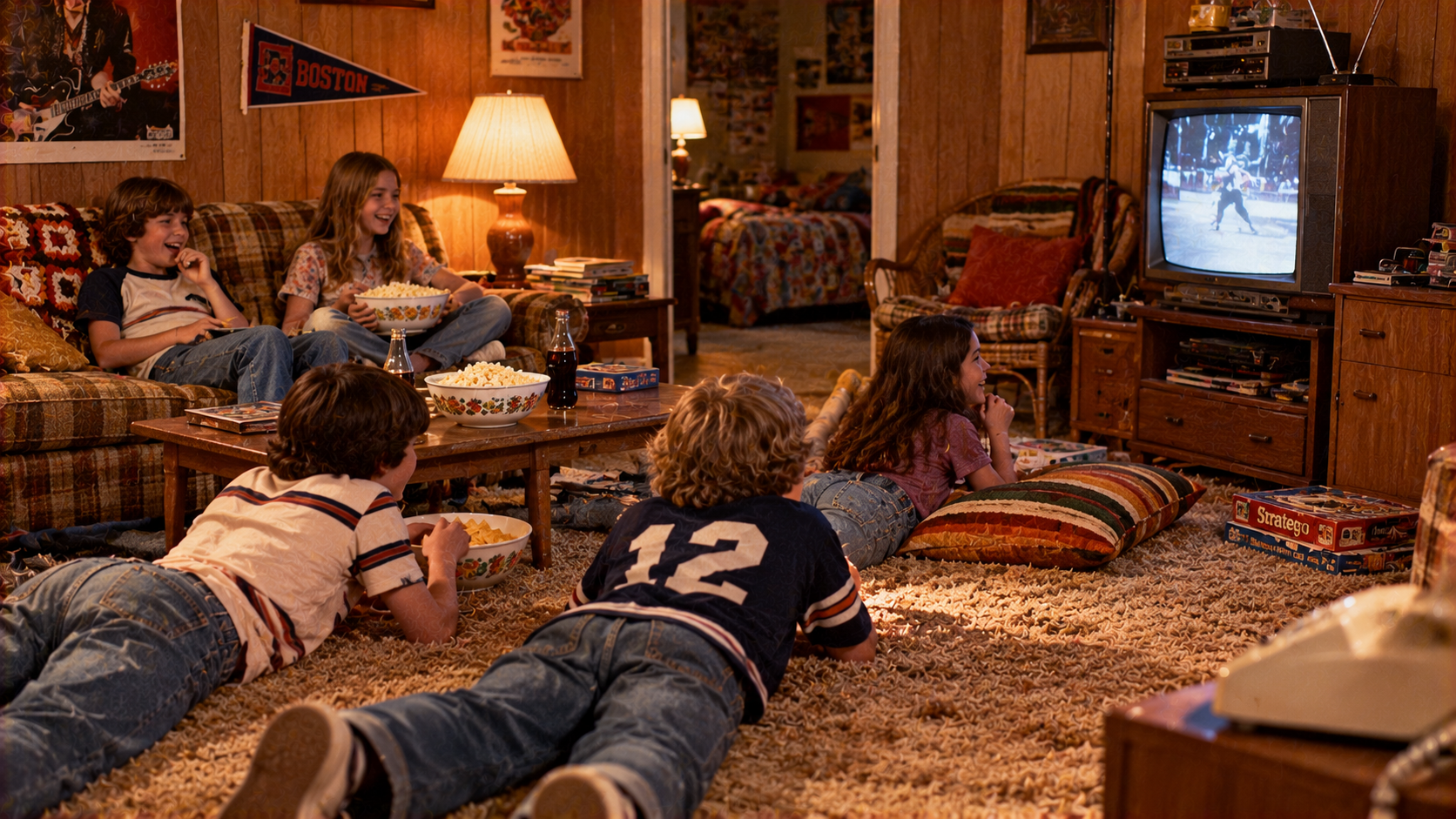 Five children watch a movie on a television set in a wood-paneled living room while eating popcorn.