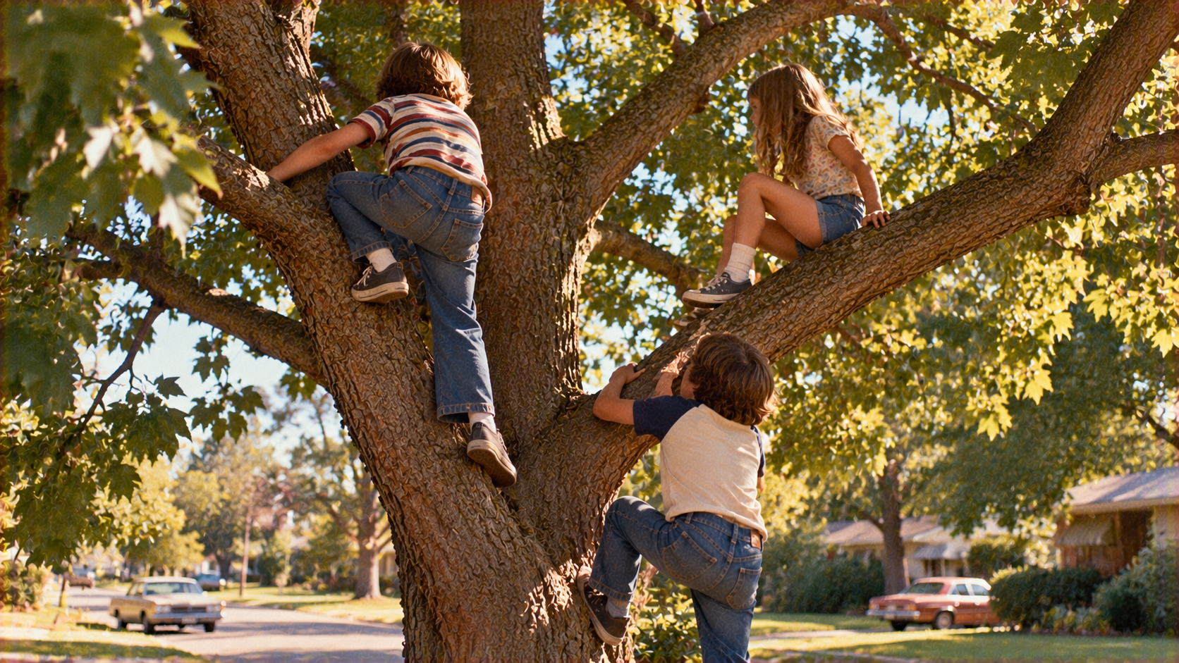 Three children climb a large tree in a residential neighborhood.
