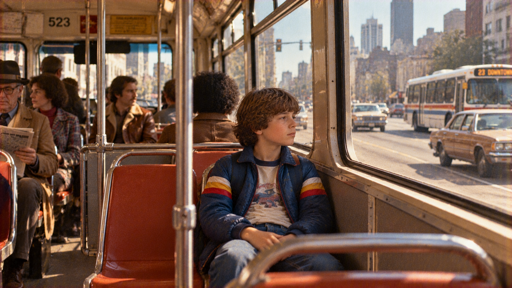 A young boy sitting by a bus window, looking out at a city street with other passengers nearby.