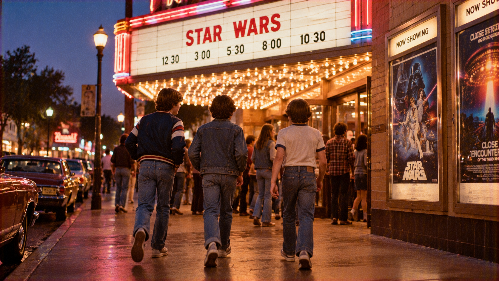 Three young people walk toward a movie theater displaying a Star Wars marquee and posters.