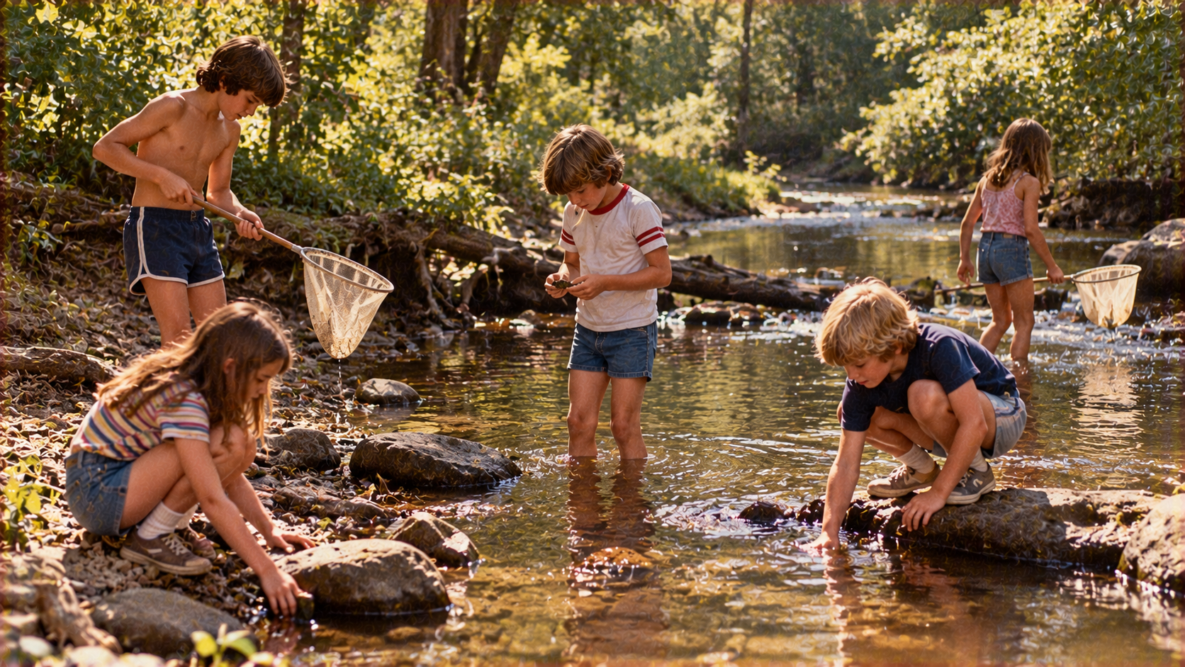 Four children explore and play with nets in a shallow forest stream.