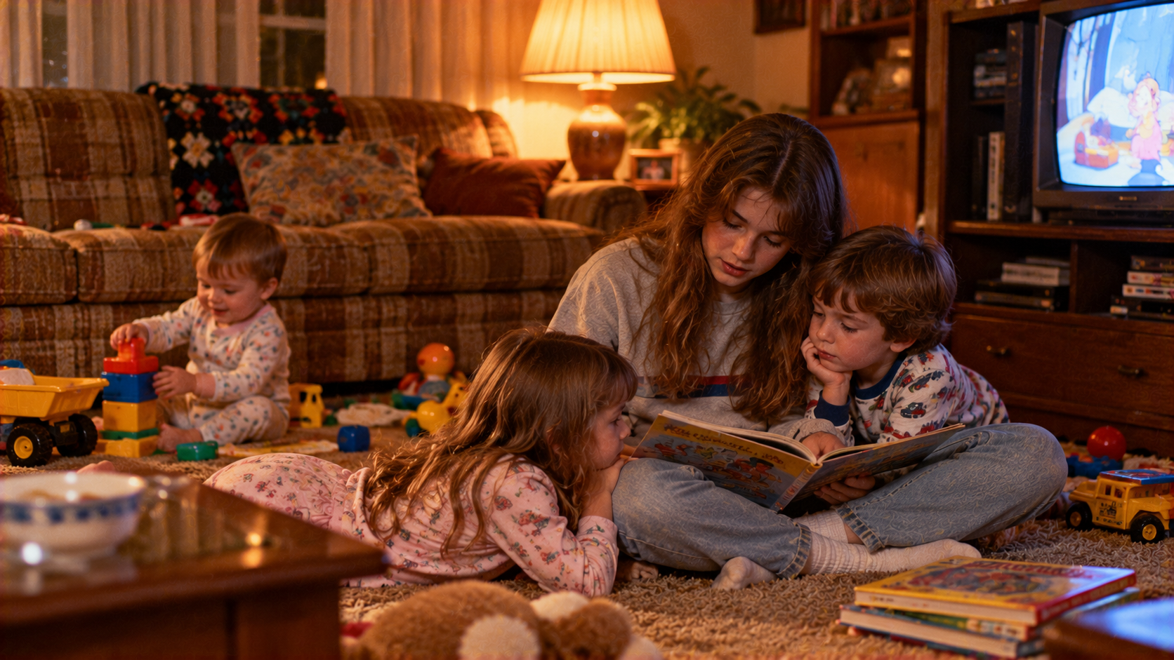 A teenage girl reads a book to two younger children while sitting on the floor in a living room, with a baby playing with blocks nearby.