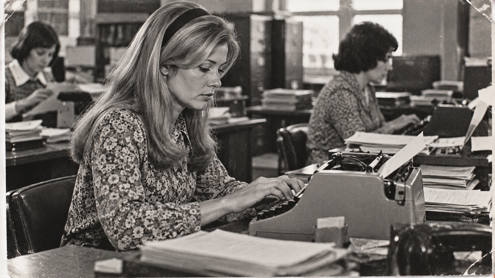 Three women in an office type on typewriters at their desks. Papers and books are scattered around. The image appears to be from the 1970s.