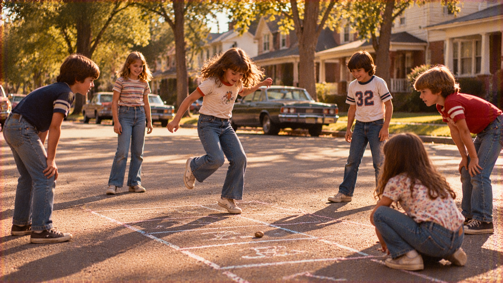 A group of children plays hopscotch on a suburban street.