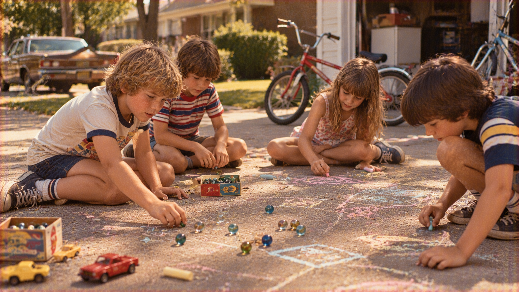 Four children sit on a residential driveway playing with marbles and drawing on the pavement with chalk.