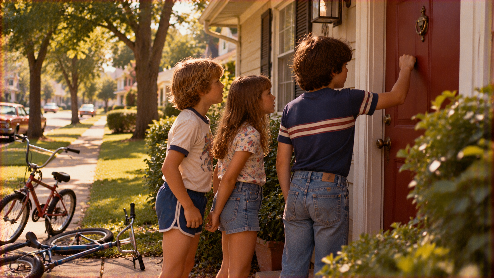 Three children stand on a porch as one knocks on a red front door, with two bicycles lying on the grass in the foreground.