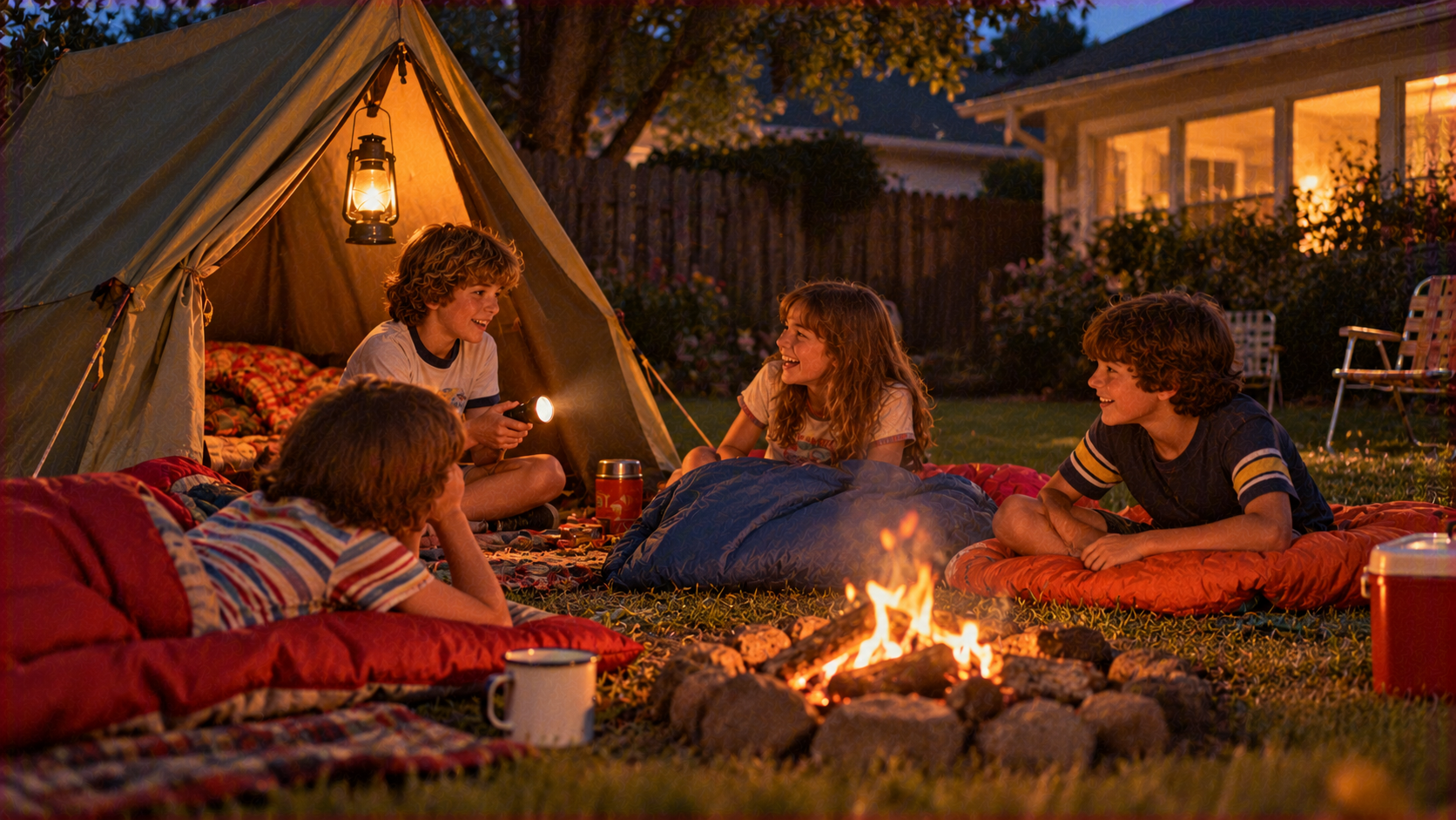 Four children sitting around a campfire in a backyard at night, with a tent nearby.