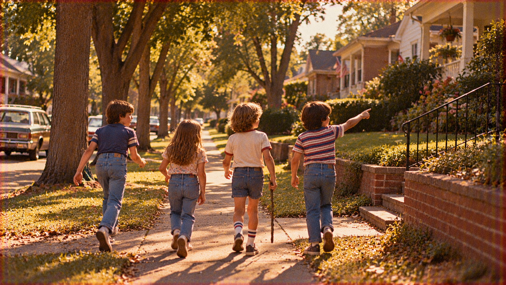 Four children walk down a suburban sidewalk, with one child pointing toward a house.