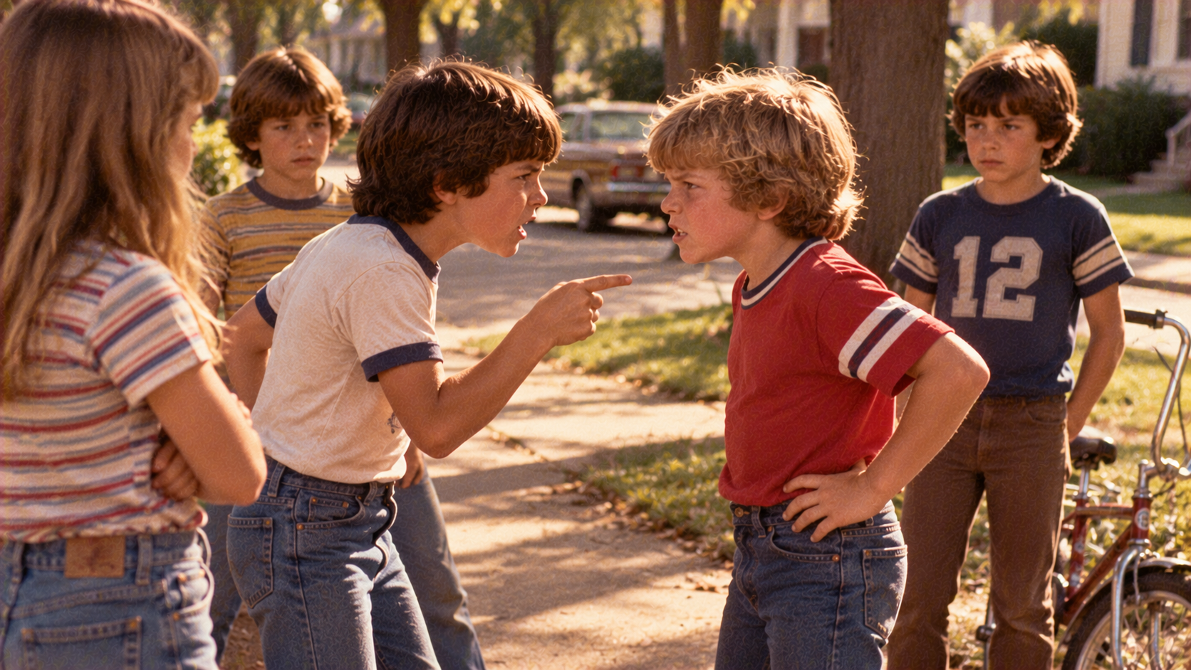 Two boys in t-shirts stand face-to-face in a suburban street, one pointing an accusing finger at the other while three other children look on.