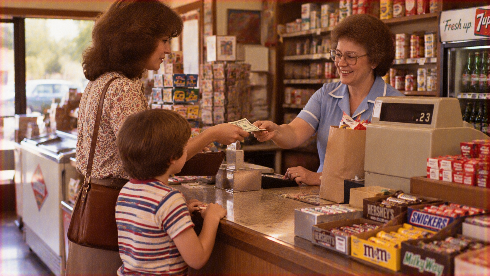 A woman in a striped shirt hands a dollar bill to a cashier at a convenience store counter while a young boy watches.