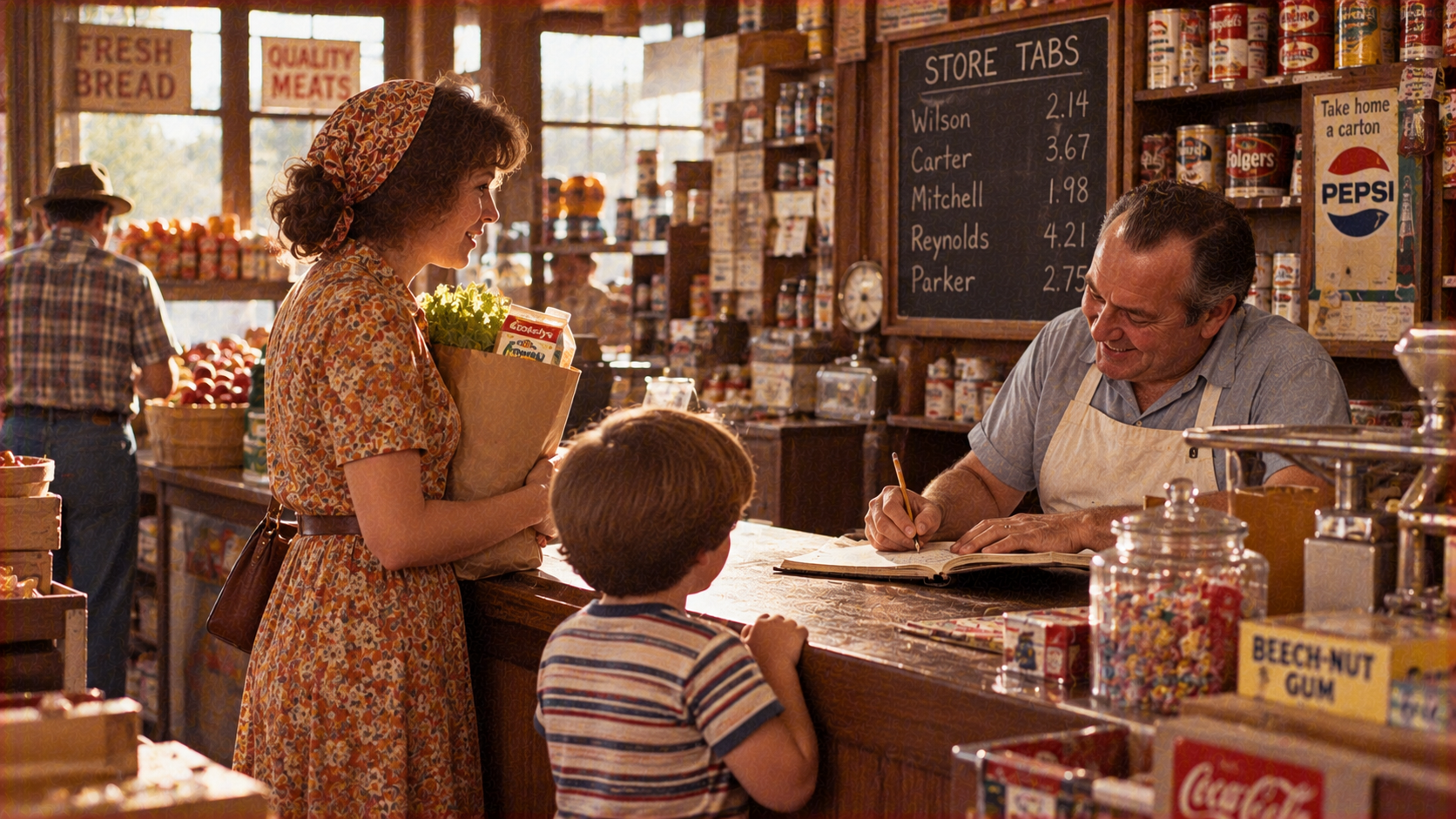 A woman and a young boy stand at a general store counter while the shopkeeper writes in a ledger.
