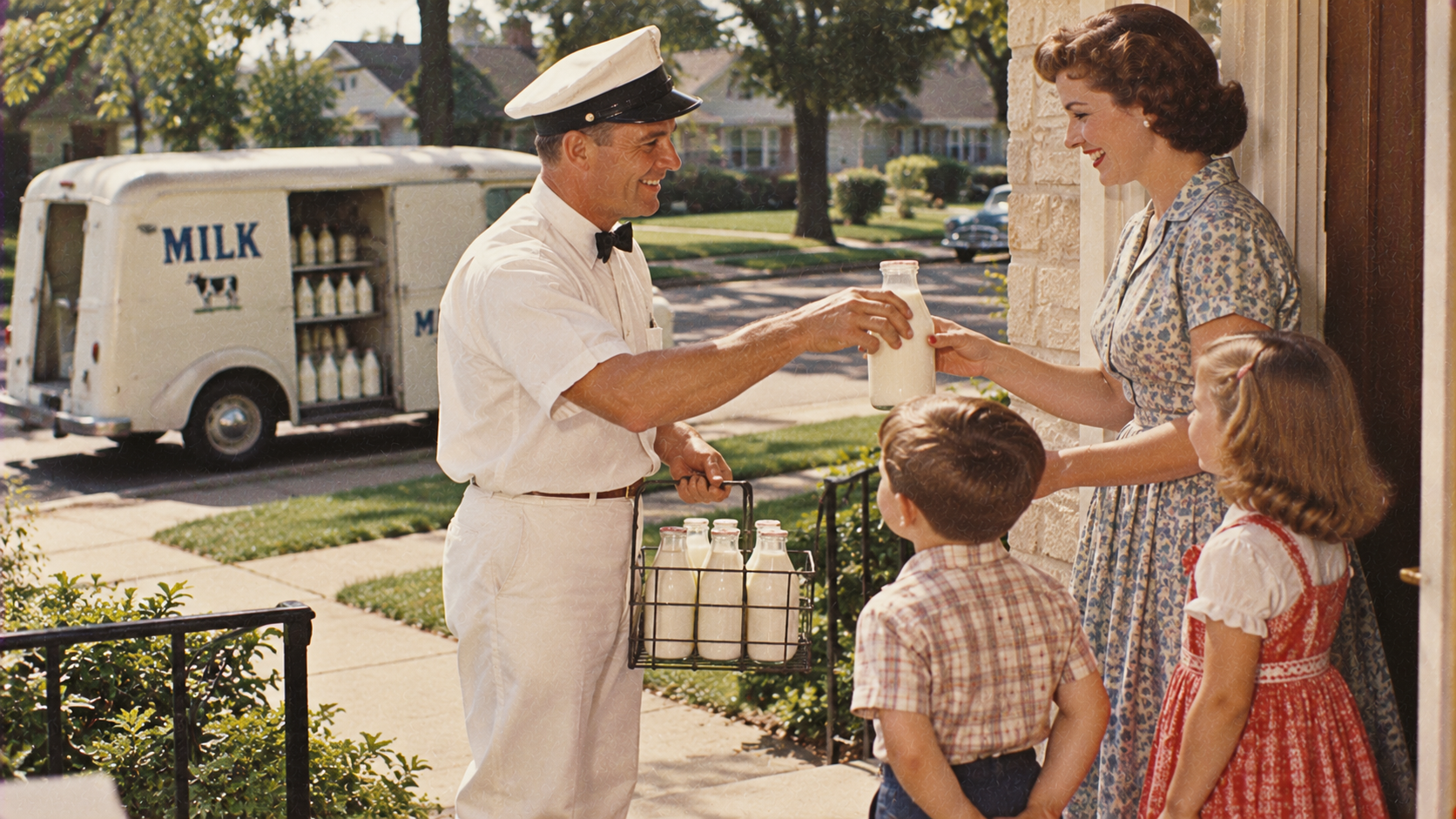 A milkman in a white uniform hands a glass milk bottle to a smiling woman at her door as two children, a boy and a girl, stand beside her. A milk truck is parked on the street in the background.
