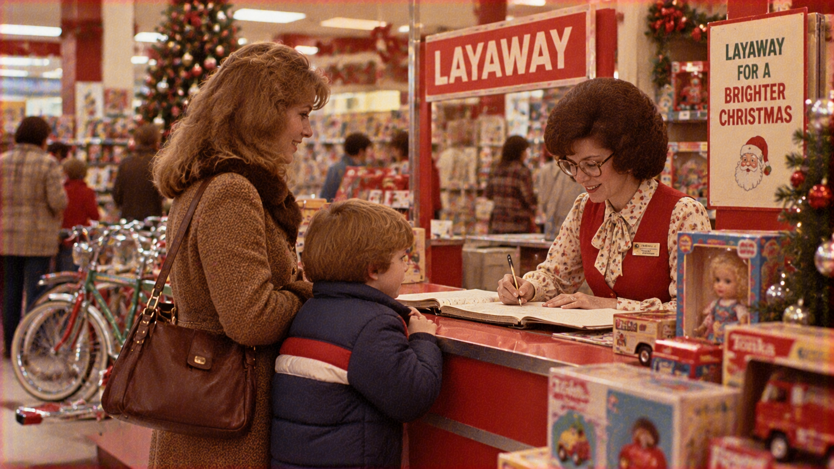 A woman and a young boy stand at a store counter as a clerk writes in a ledger beneath a sign that reads “Layaway for a brighter Christmas.”